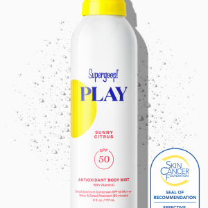 Supergoop! PLAY Antioxidant Body Mist SPF 50 with Vitamin C (Sunny Citrus, 6 fl oz) - Water & Sweat Resistant Non-Aerosol Sunscreen Spray, Reef-Safe, Skin Cancer Foundation Recommended