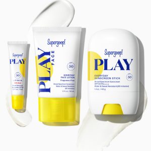 Supergoop! PLAY Game Face SPF 3-Piece Kit - Everyday Face Lotion SPF 50 + Sunscreen Stick SPF 50 + Lip Balm SPF 30, Water & Sweat Resistant